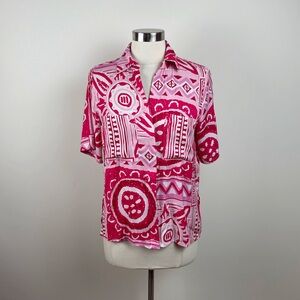 Rachel Zoe Pink Red White Geometric Collared Short Sleeve Button Down Shirt Top